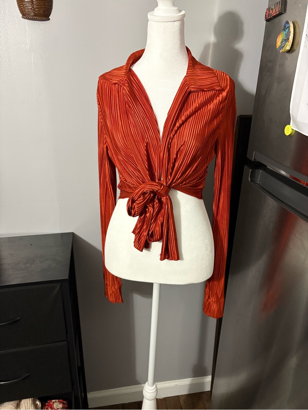 Women’s Rust Red Tie-Front Pleated Long Sleeve Top